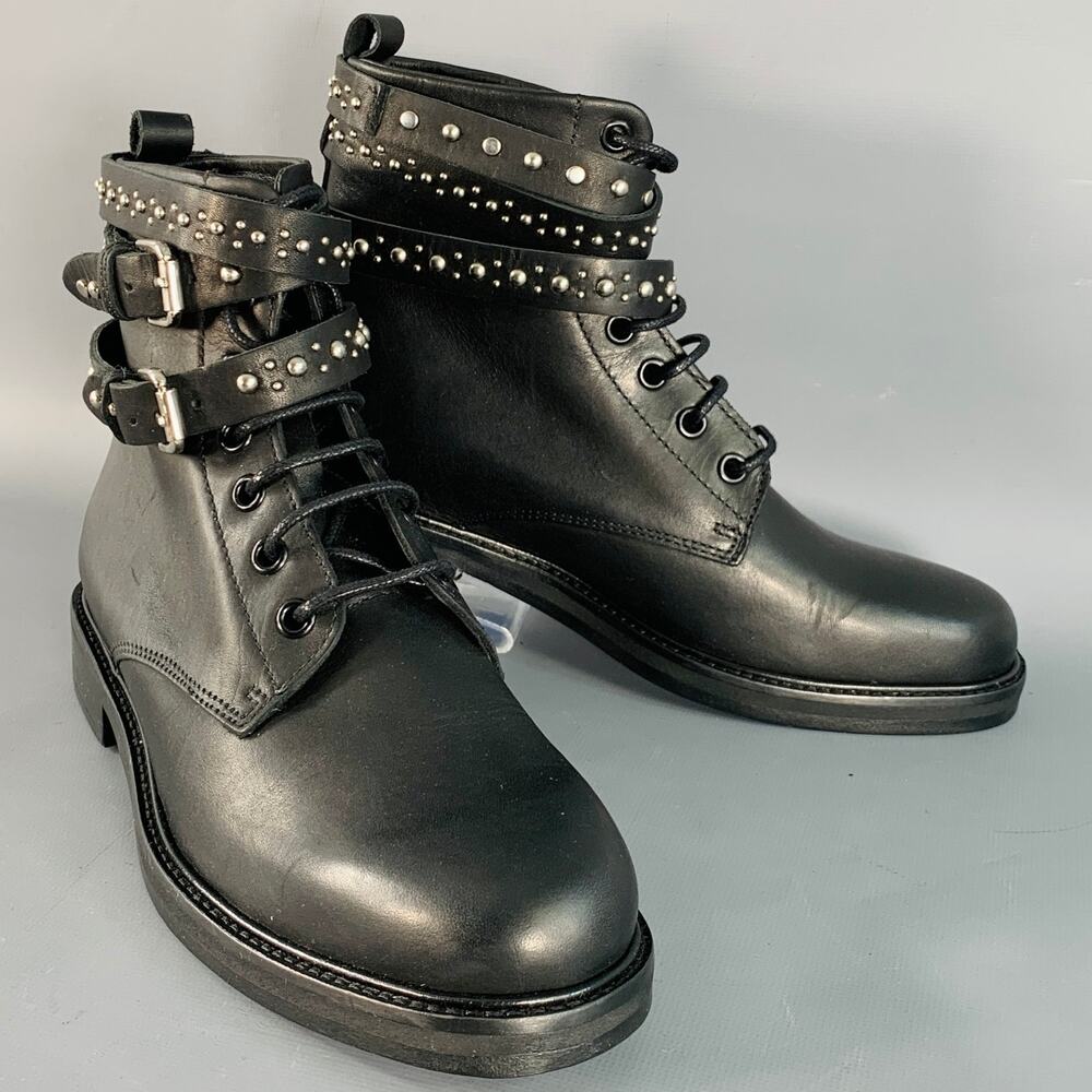 MAJE Size 6 Black Studded Leather Wrap Around Lace-Up Boots